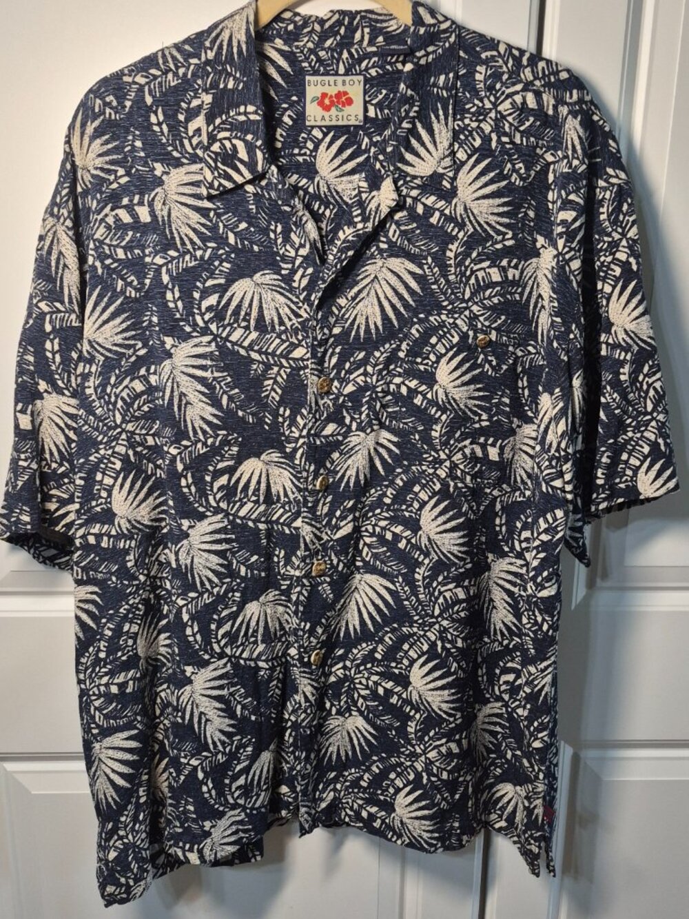 90s Bugle Boy Classics Hawaiian Shirt Short Sleeve Navy Blue Size XL Silk/Rayon